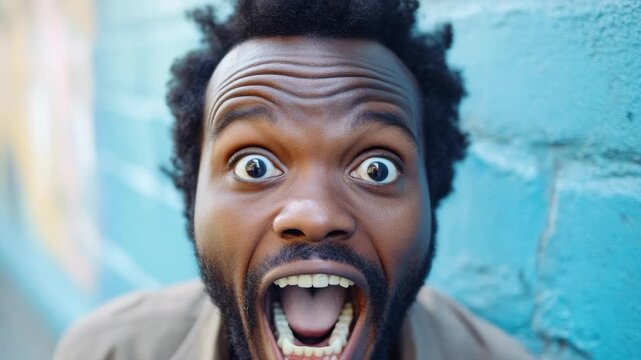 Close-up of a shocked man with an open mouth and beard against a blue wall