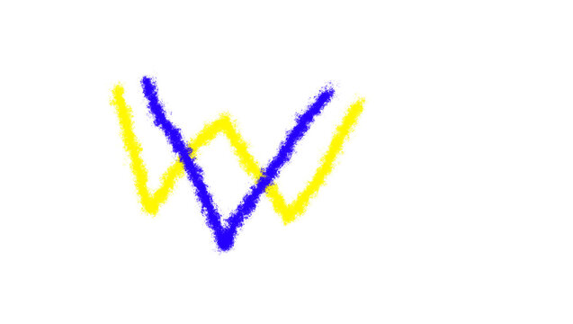 Blue and Yellow Hand Drawn Zigzag W Shapes Isolated on White Background