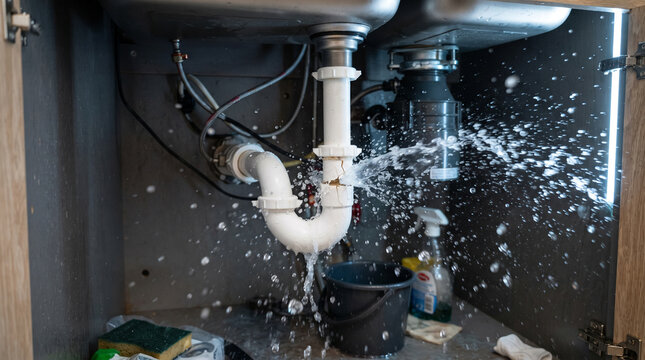 Severe water leak from a cracked white plastic ptrap pipe under a kitchen sink, causing water to spray inside the cabinet