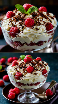 A close-up of a glass bowl filled with whipped cream and raspberries topped with a mint leaf