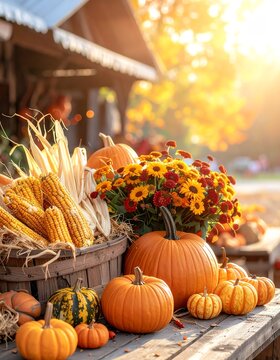 Vibrant Autumn Harvest Display at a Farmers Market
