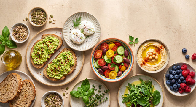 Healthy Mediterranean Breakfast Flat Lay with Fresh Colorful Ingredients