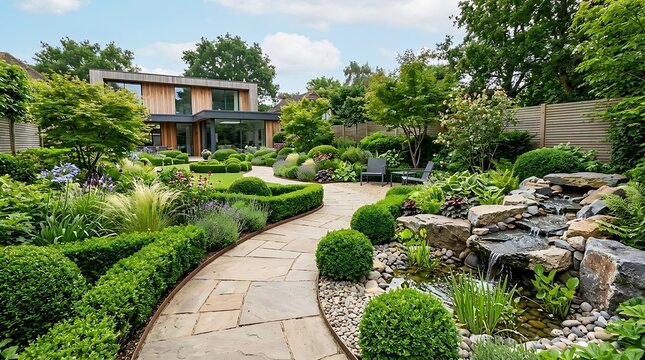 A beautiful landscaped residential garden with stone path and water feature in a modern backyard setting