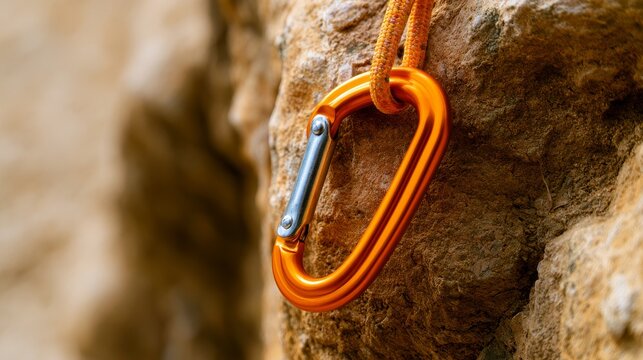 Orange carabiner attached to a rocky surface, showing climbing gear and safety equipment in close-up with rugged stone texture, outdoor adventure, mountaineering and secure rope attachment