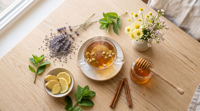 Herbal Chamomile Tea with Lemon Honey Lavender and Fresh Mint