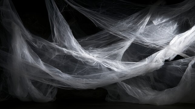 Spooky white spider web hanging against a dark black background, creating an eerie Halloween atmosphere for horror, mystery, haunted spaces, creepy decorations, seasonal designs, atmospheric concepts