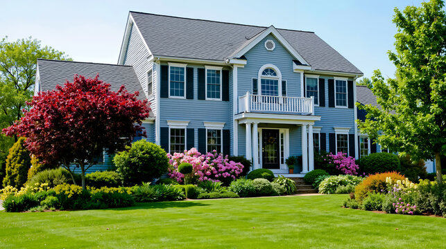 A two-story house with a white porch and blue siding surrounded by a well-maintained garden with a variety of flowering plants