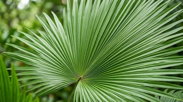 Close up of a vibrant green fan palm leaf in a tropical garden setting