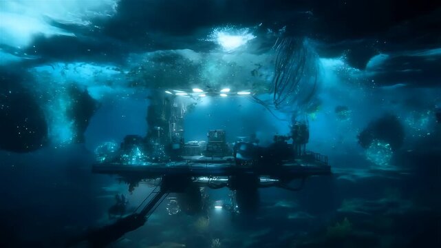 Futuristic Underwater Biolab Slowly Panning Through a Deep Ocean Research Facility, Showcasing Advanced Technology and Marine Life.
