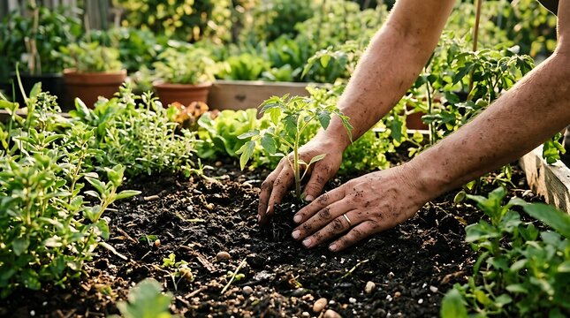 Close up of hands planting a young organic tomato seedling into the dark soil in a home garden