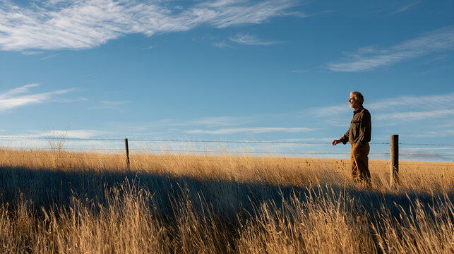Farmer at a wire fence over parched summer grassland