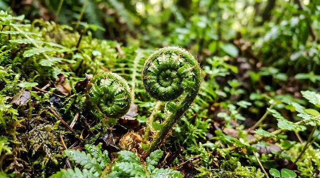 Close up of two green fern fiddleheads unfurling on the lush forest floor