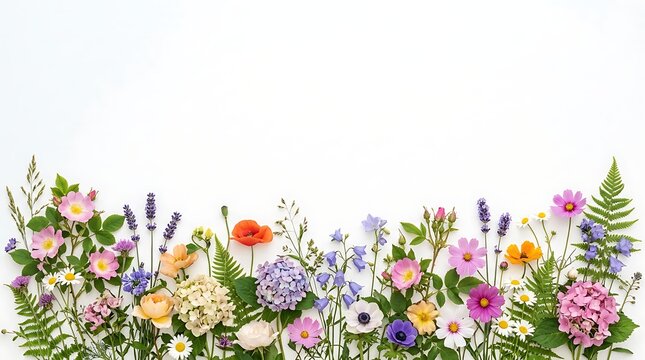 Floral border arrangement with various colorful summer flowers and green fern leaves on a clean white background