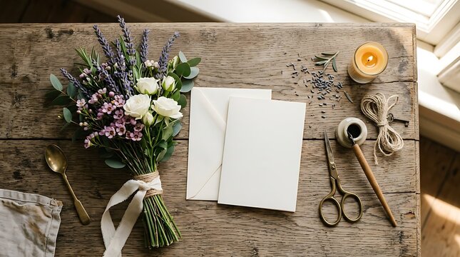 Flat lay composition with rustic lavender flower bouquet and blank stationery card on weathered wooden table surface