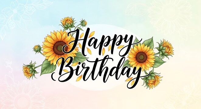 Happy Birthday calligraphy text design with beautiful yellow sunflowers and green leaves