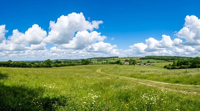 Panoramic view of a lush green English meadow with a dirt path winding through hills under a beautiful blue sky