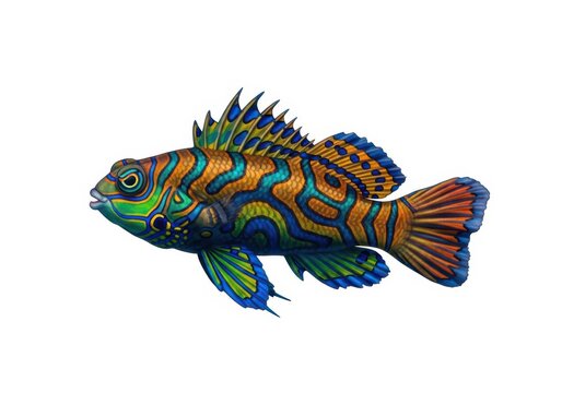 Vibrant mandarin fish isolated on white background, showcasing intricate patterns