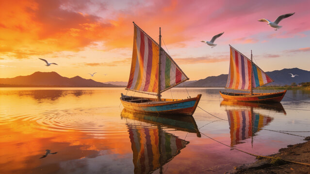 Colorful sailboats on calm water at sunset with vibrant sky and birds flying