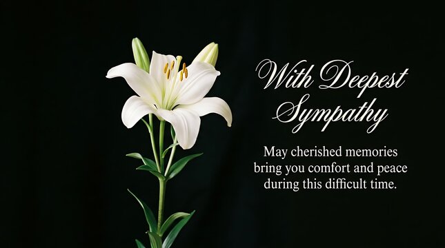White lily funeral sympathy card with heartfelt message on dark background