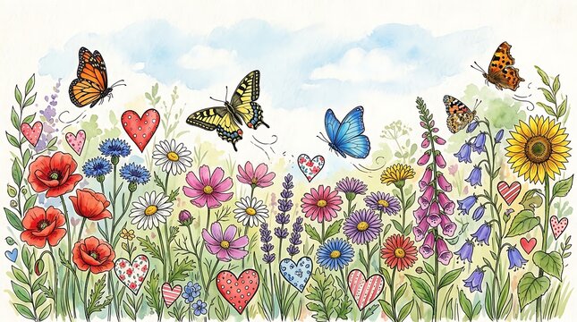 Watercolor meadow with colorful wildflowers butterflies and decorative heart shapes in a spring garden scene