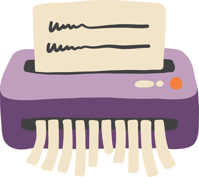 Cute Halloween paper shredder clipart, doodle purple document shredder with paper strips isolated on white background.