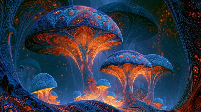 Hallucinogenic fractal landscape with glowing mushrooms, infinite geometric patterns and neon colors creating a surreal psychedelic fantasy atmosphere.