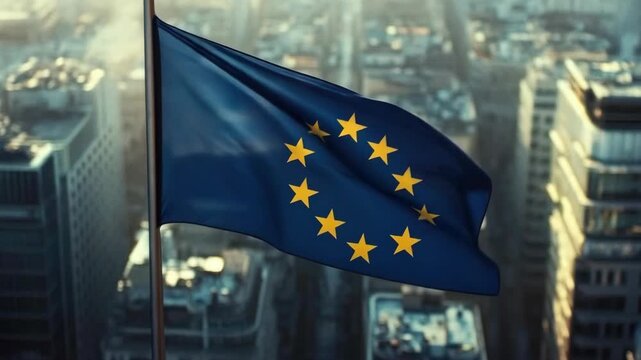 European Union Flag Waving in Front of a Blurred City Skyline