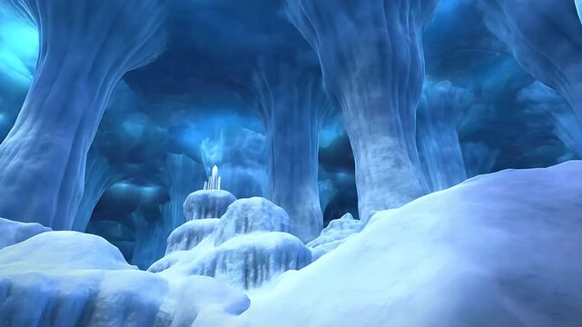 Giant Crystal Cave Illuminated with Glowing Blue Light, Showcasing a Seamless Looping Animation of Otherworldly Formations.