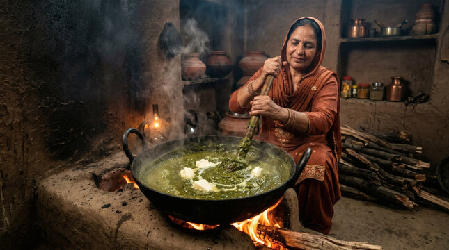 Sarson Ka Saag Cooking in Authentic Rustic Punjabi Kitchen