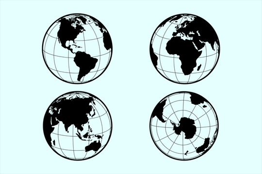 Planet earth globe projections world map hemispheres with latitude and longitude grid