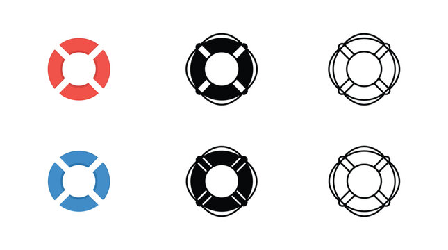 Set of lifebuoy icons in colorful flat and black line art styles for marine safety and sea rescue