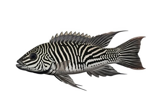 Captivating zebra cichlid fish aquatic animal detailed studio portrait isolated on white background