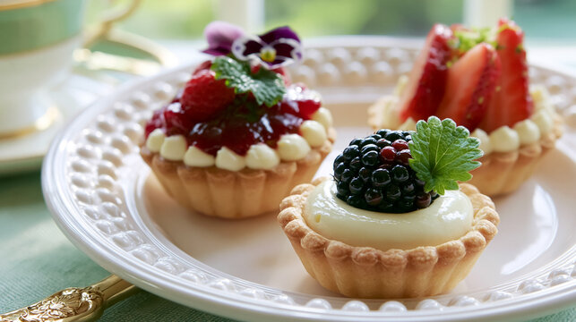 Three fruit tarts showcasing fresh berries, creamy custard, and delicate crusts, arranged beautifully for a sweet dessert experience