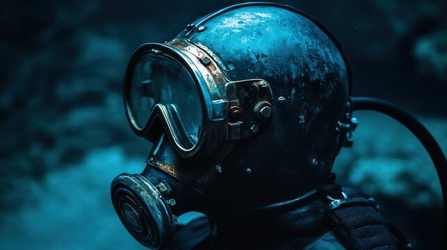 gasket. Close-up view through a vintage diving helmet glass, deep blue water outside. mobility guides, transit brochures, designed for transport & logistics marketing, clarifies navigation.