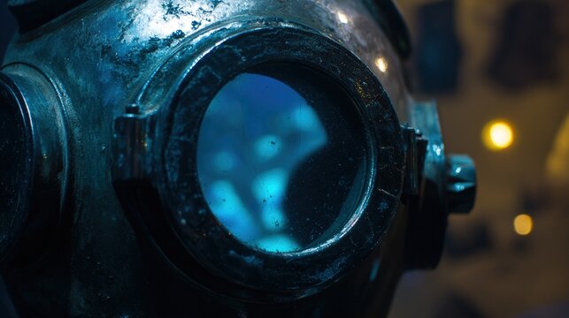 gasket. Close-up view through a vintage diving helmet glass, deep blue water outside. mobility guides, transit brochures, designed for transport & logistics marketing, clarifies navigation.