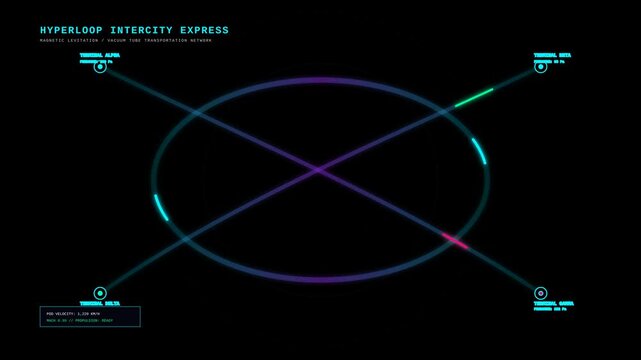Futuristic Digital HUD Interface Displaying Hyperloop Vacuum Tube Transport Network Data Animation
