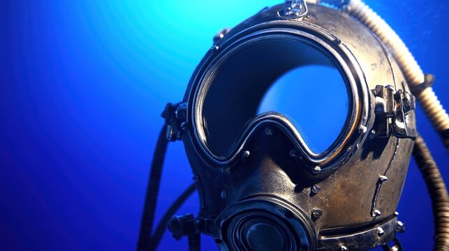 gasket. Close-up view through a vintage diving helmet glass, deep blue water outside. mobility guides, transit brochures, designed for transport & logistics marketing, clarifies navigation.