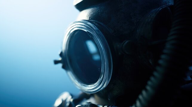 gasket. Close-up view through a vintage diving helmet glass, deep blue water outside. mobility guides, transit brochures, designed for transport & logistics marketing, clarifies navigation.