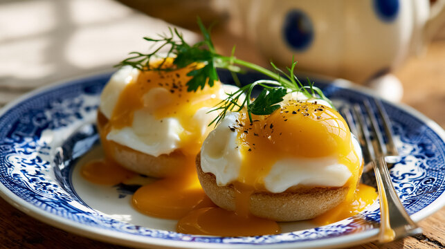 Eggs Benedict breakfast with poached eggs, hollandaise sauce, and fresh herbs on a blue patterned plate, serving gourmet brunch