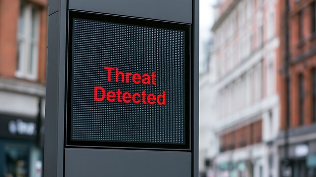 A digital screen displaying red Threat Detected text on a city street. This graphic serves as a warning concept for cybersecurity and public safety issues.