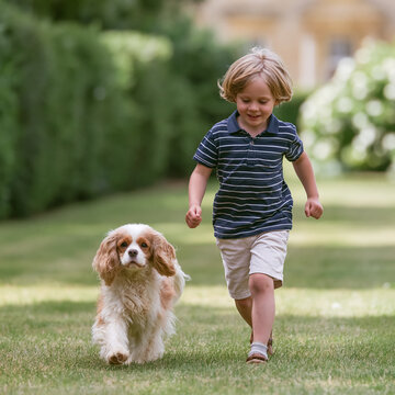 Little boy running and laughing with his cute dog on green lawn, enjoying outdoor play and childhood happiness