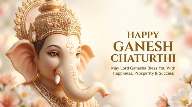 Lord Ganesha statue for Ganesh Chaturthi festival greeting card with floral background