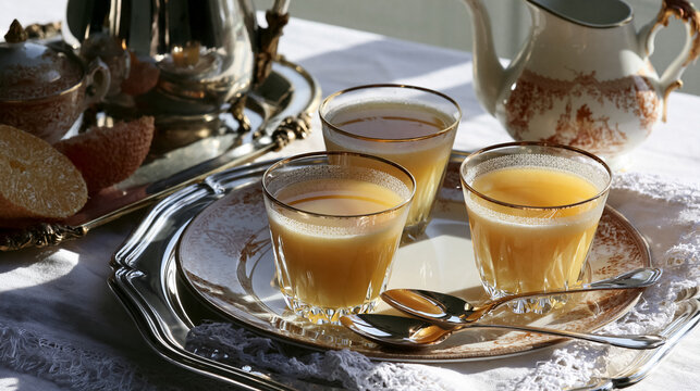 Freshly squeezed orange juice served in crystal glasses on an antique silver tray with an ornate porcelain tea set, reflecting morning sun