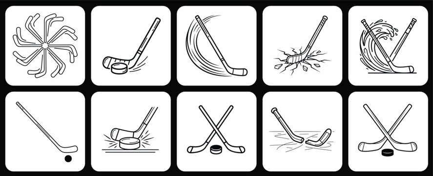 Set of ten black and white line art vector icons depicting various hockey sticks and pucks with dynamic actions and arrangements.