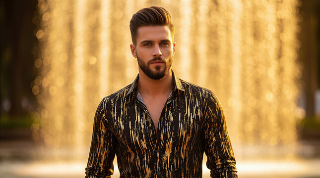 Handsome Caucasian man with beard wearing black and gold patterned shirt in front of fountain outdoors. Concept of urban nightlife, luxury style, and modern lifestyle.