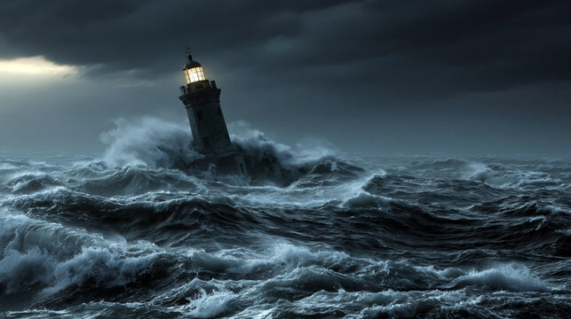 Lighthouse bending in a violent sea storm with towering waves and dark skies, symbolizing resilience, hope and stability under extreme uncertainty