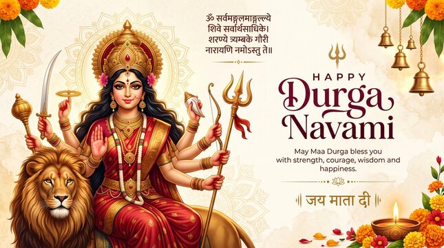 Durga Navami festival greeting banner with Hindu goddess riding lion in vibrant traditional illustration
