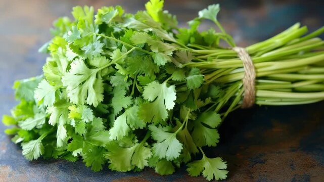 Fresh Bundle of Cilantro Herbs Tied with Rustic Twine