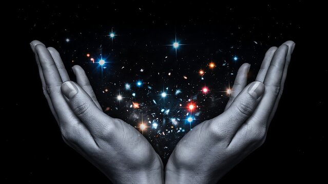 Two hands holding glowing colorful magic glitter particles in the dark