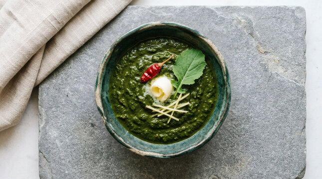Sarson ka saag traditional fresh curry in ceramic bowl rustic Indian